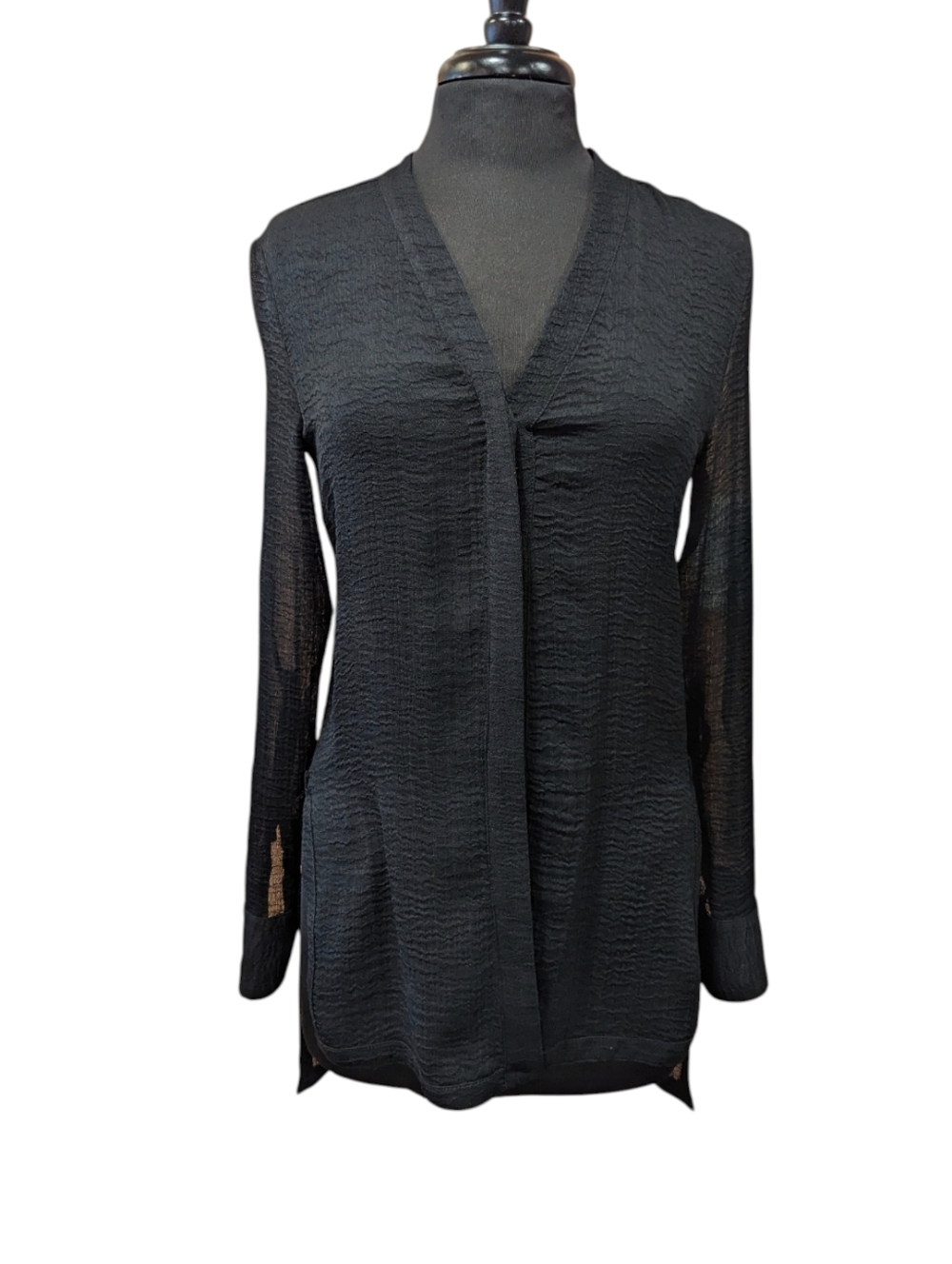 Helmut Lang XS Luxury Minimalist Button Down Top Black Textured V-Neck Tunic